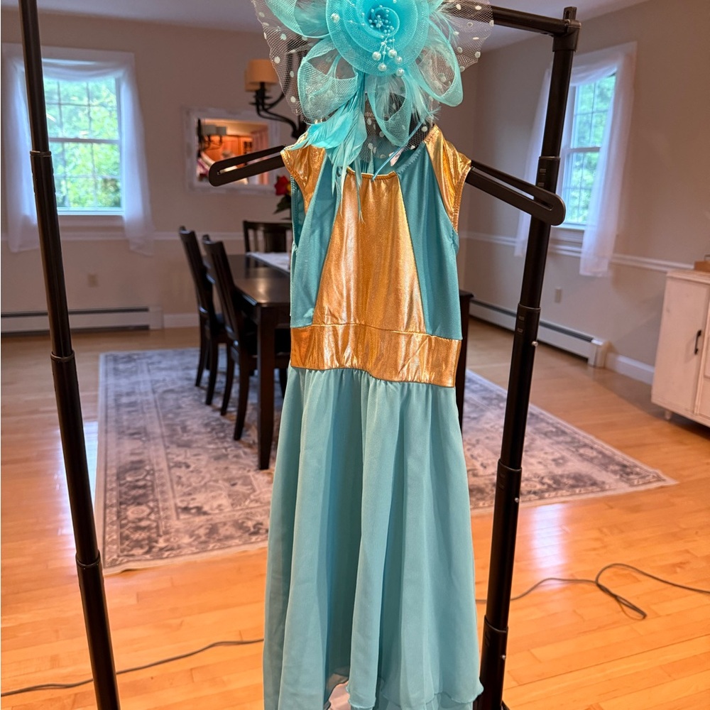Blue and Gold Dance Costume with Shimmering Skirt